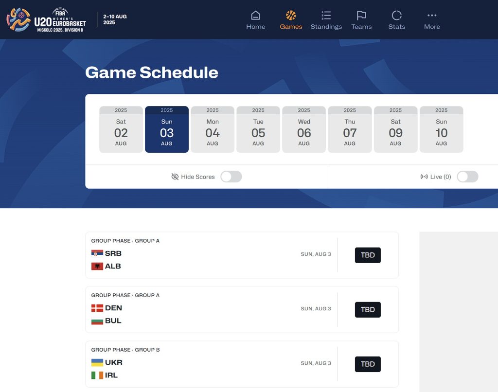 Izzy Sullivan U20 Women's Eurobasket Miskolc 2025 Division B Game Schedule